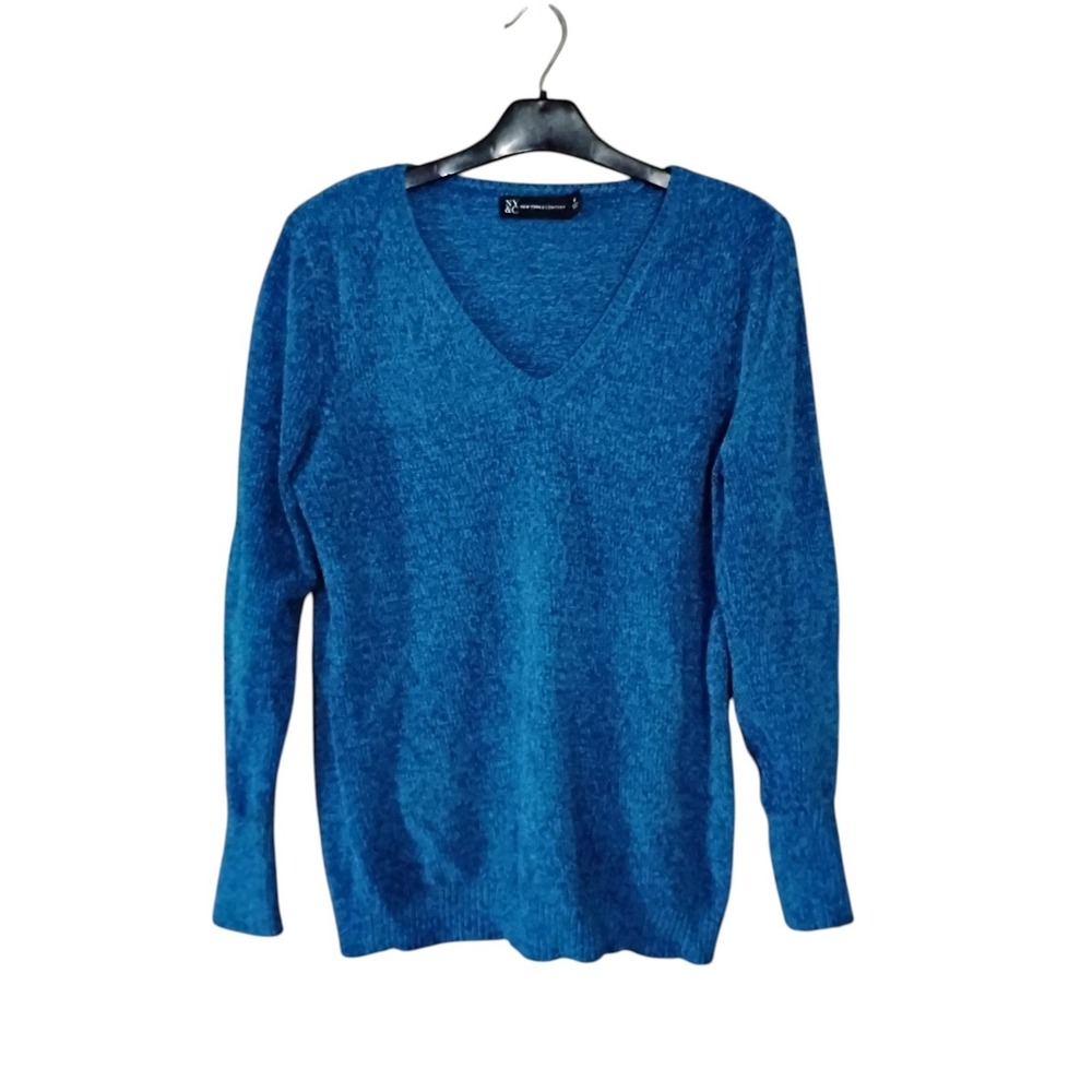 New York & Company Blue Marled V-Neck Sweater Womens Medium Chenille Pullover